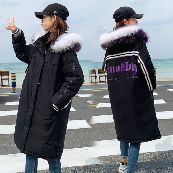 

big fur-collar winter coat thickened parka women slim long winter coat down cotton lady down parka jacket women nice, Black