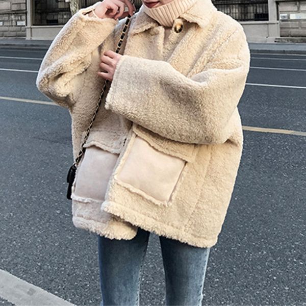 

2019 coat one single row buckle thickening lamb hair short fund little chap easy loose coat woman, Tan;black