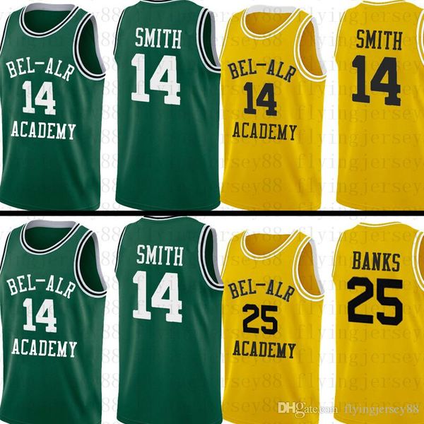 

fresh prince of bel-air 14 will smith jersey academy movie version jersey #25 carlton banks jerseys green yellow embroidery logos, Black