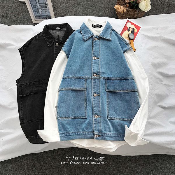 

men's jacket 2020 spring and summer new sleeveless denim vest loose jacket young personality fashion trend men's clothing, Black;brown