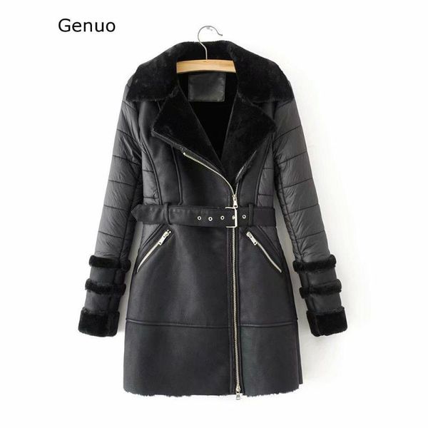 

зимняя мода новые женщины средние длинные овечьей шерсти подкладка лоскутная pu кожаная куртка 2019 женская сыпучие punk black leather jacke