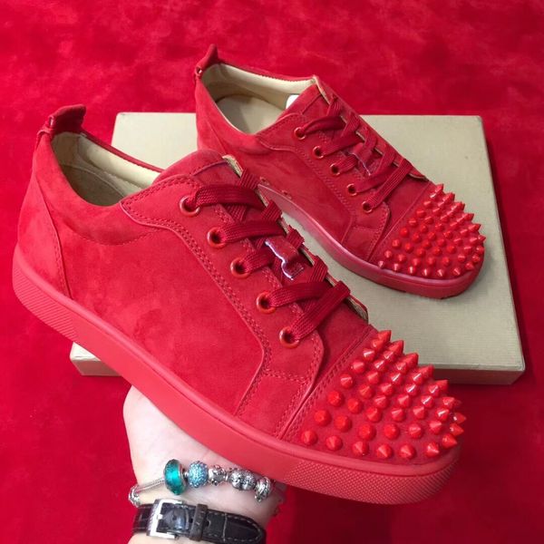 

casual designer fashion women men red suede studded spikes new arrival krystal spike flats lace up low shoes boots, Black