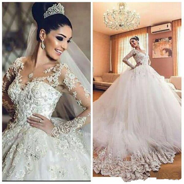 

vintage wedding dresses 2021 sheer neck appliques long sleeves wedding dress luxury tulle saudi arabia bridal dress vestido de novia, White