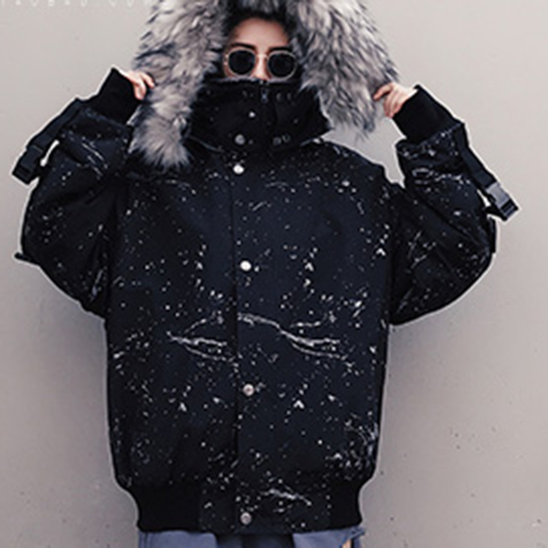 

detachable winter jacket women casual coat thick outwear fur collar loose parka hip hoodies warm hand painted streetwear, Black