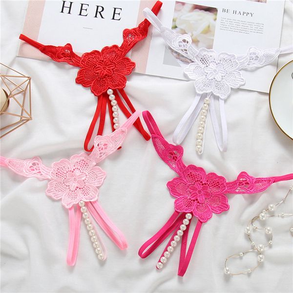 

women transparent lace embroidery hollow open crotch pantie pearl erotic crotchless floral g-string thong underwear, Black;pink