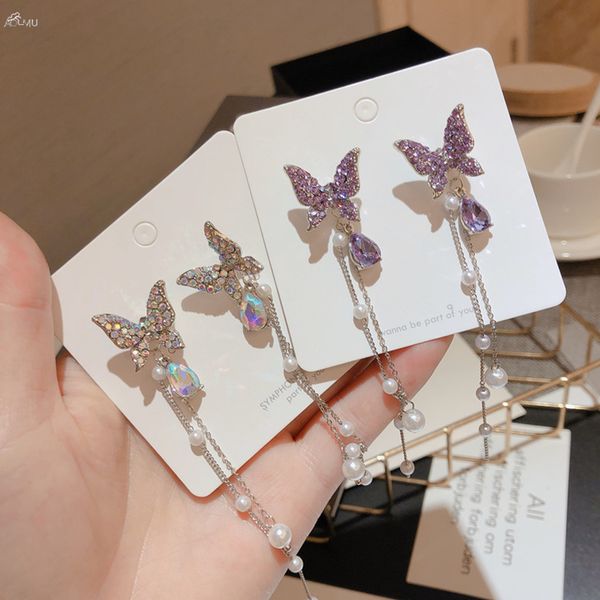 

aomu 2020 fashion korean elegant shiny rhinestone butterfly pearl long tassel drop earrings for women girls party jewelry, Silver