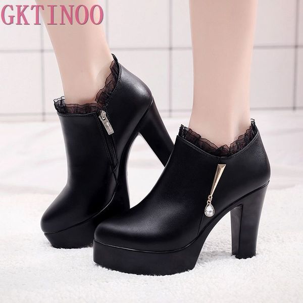 

gktinoo women leather shoes autumn round toe platform female pumps casual square high heels ladies single shoes plus size 33-43, Black