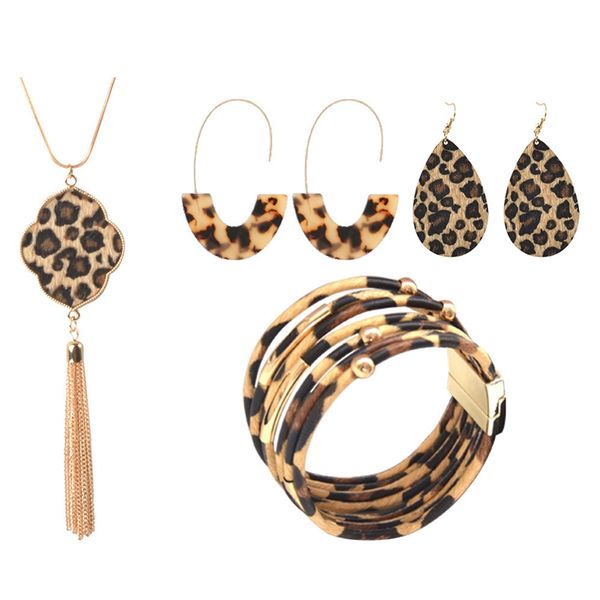 

6 pcs leopard earrings leopard jewelry set for women leather bracelet long tassel pendant necklace fashion jewel, Silver