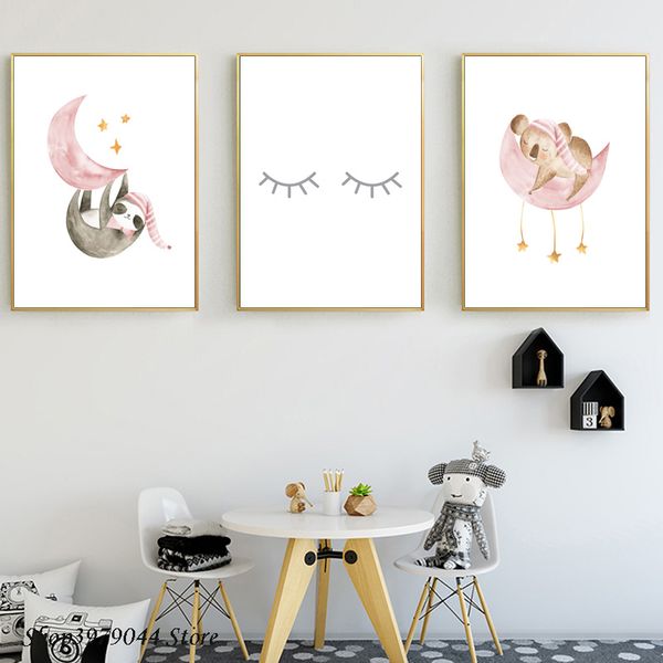 

baby girl nursery pink wall art moon minimalist poster cartoon panda painting nordic kids decoration picture bedroom unframed