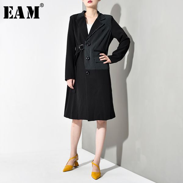 

eam] women black striped bandaeg trench new lapel long sleeve loose fit windbreaker fashion tide autumn winter 2019 jr1300, Tan;black