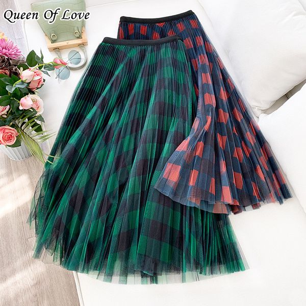 

elegant plaid midi pleated mesh lined skirt women 2020 summer ladies korean high waist a-line school long gauze skirt female, Black