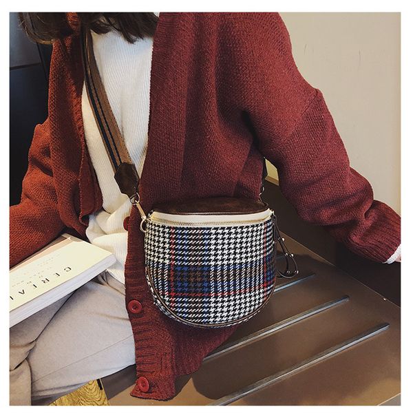 

retro women woolen bucket bag solid color wide shoulder strap messenger bag shoulder simple crossbody purse