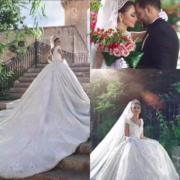 

2019 arabic v neck full lace 3d floral appliques wedding dresses beads cap sleeves chapel train arabia dubai vestido custom bridal gowns