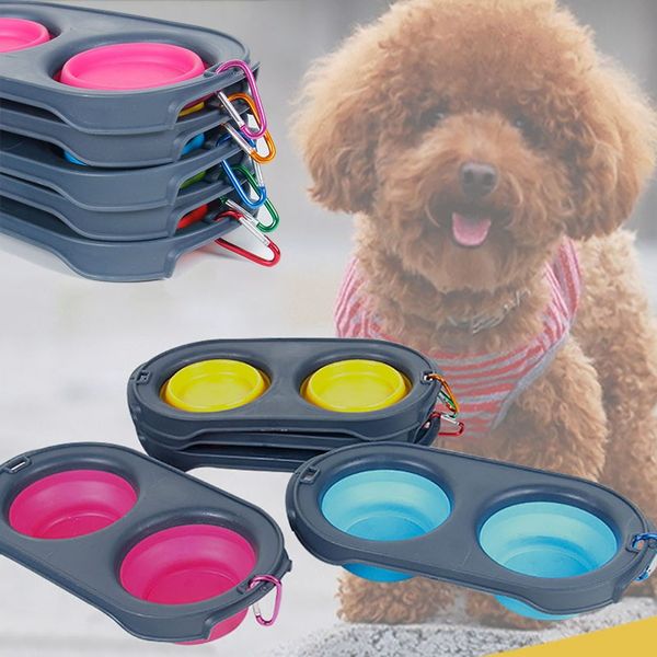 

collapsible feeding pet food bowls silicone cat double feeder bowl travel eco friendly cat foldable dog supplies with carabiner an1990