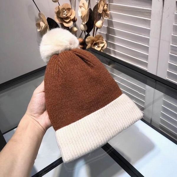 

2019 new arrival fashion knitting cotton hats women men winter warm brown white long hats with hair ball hat with box, Blue;gray