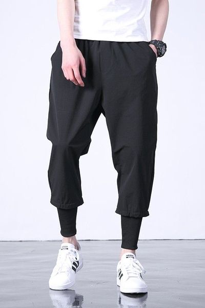 

men fashion cotton blend loose harem slim pants splice japanese hip hop trousers, Black