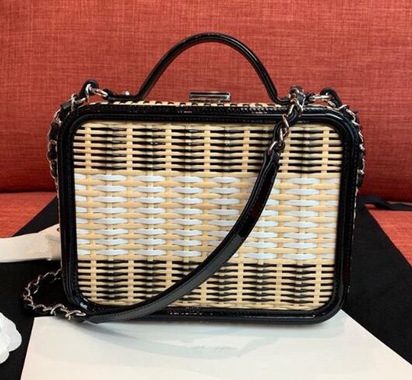 

r handbags bamboo rattan weave box purse calf patent real leather cosmetic flap chain bag shoulder messenger handbag clutch