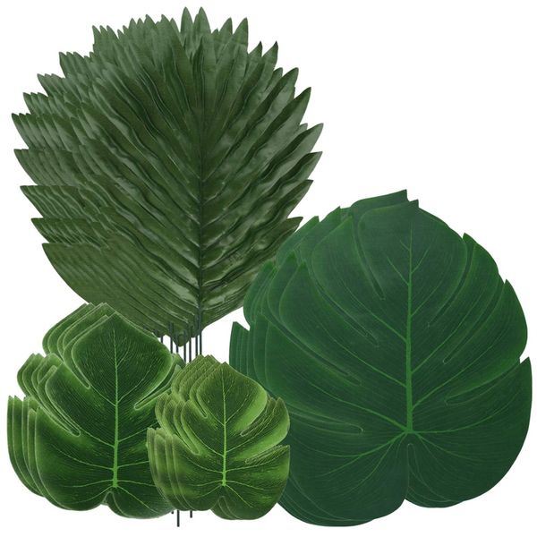 

new-48pcs jungle beach theme decorations artificial palm leaves & turtle leaf fern plant with stem for hawaiian party