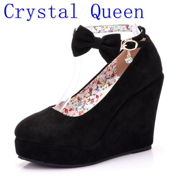 

crystal queen women high heels shoes fashion buckle wedges ladies platform buckle bowtie pumps for woman plus size wedding shoes, Black