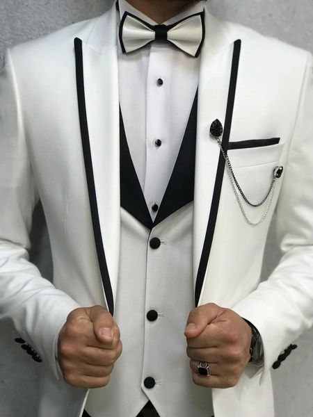 Abito da uomo smoking da sposa con risvolto con risvolto bianco avorio slim fit formale sposo ballo di fine anno cena per il tempo libero blazer 3 pezzi (giacca + gilet + pantaloni)