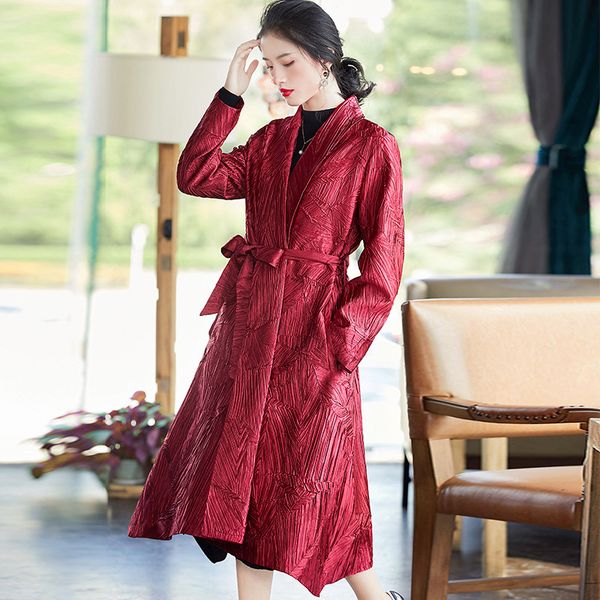 

coat plus size women 2019 autumn winter trench coat elastic miyake pleated solid color long sleeve windbreaker with belt, Tan;black