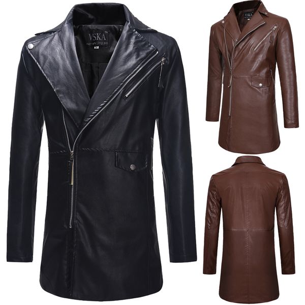 

new diagonal zipper large lapel men's casual fit medium long leather trench coat, Black