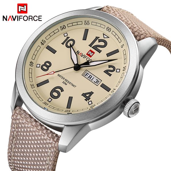 

naviforce luxury brand mens fashion sports watches men quartz date clock nylon strap waterproof wristwatch relogio masculino, Slivery;brown