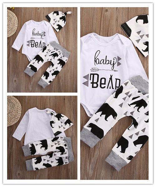 

2019 emmababy милый 3шт комплект новорожденный мальчик комбинезон письмо топы + длинные мультфильм медведь брюки + шляпа наряды одежда 0-18м, White