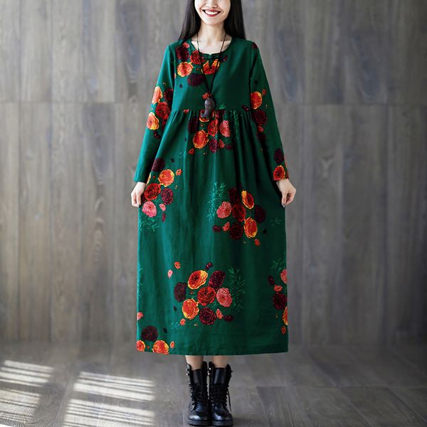 

easehut o-neck long sleeve women's spring summer dress vintage floral print pockets one piece baggy plus size cotton linen dress, Black;gray