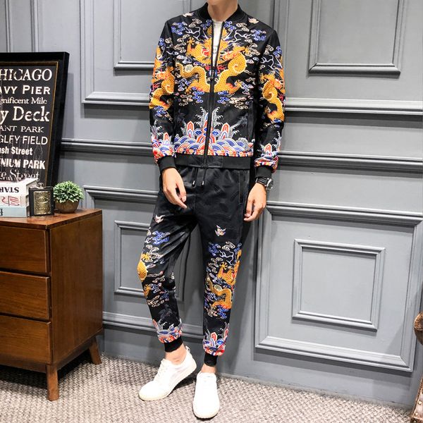 

loldeal robe jacket casual plus sweat suits men luxury gold dargon print tracksuit 2pcs erkek giyim ropa hombre conjunto, Black;brown