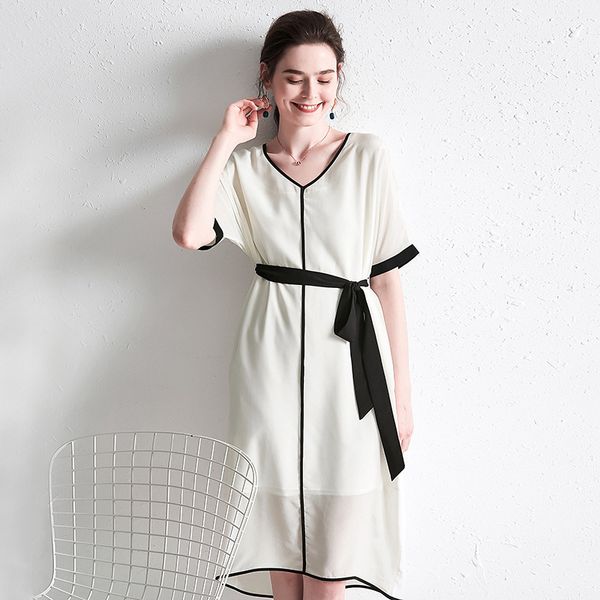 

2019 summer new heavyweight silk dress summer solid color fashion wide pine silk white v-neck fairy skirt, Black;gray