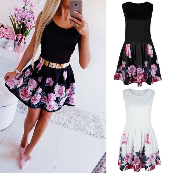 

new style women dress patchwork print rose party evening beach sundress summer casual boho short mini dress fashion 2019, Black;gray