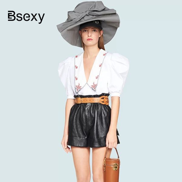 

women white blouse 2020 spring vintage floral embroidery lapel loose half sleeve women blouse puff sleeve chiffon runway shirts