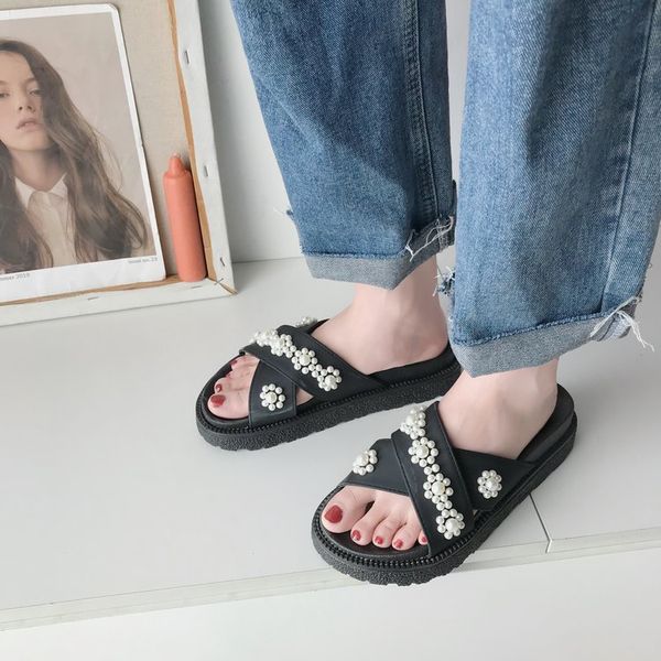 

new pearl shoes women shoes summer slippers women pearl decoration slides flat slippers elegant slides, Black
