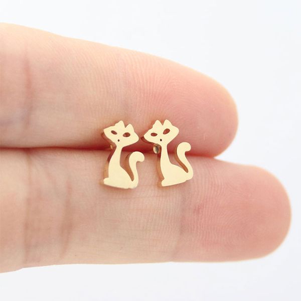 

wholesale 10pairs/lot beauty cat stainless steel earring tiny kitten custom earrings women girls kids ear studs birthday gift jewelry t157, Golden;silver
