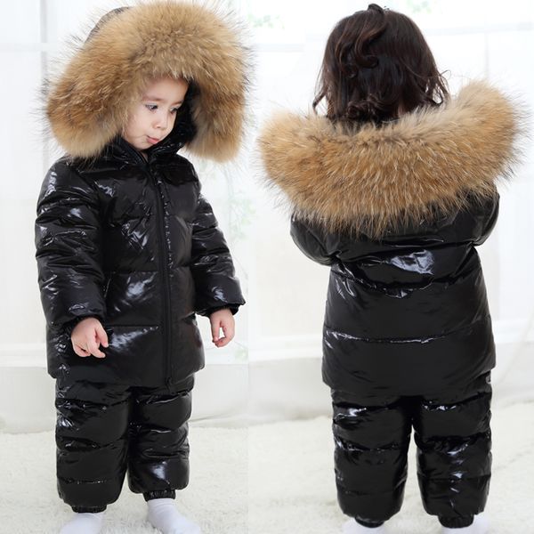 

winter kids girls boys snowsuit set baby white duck down jackets overall children real raccoon fur hooded rompers