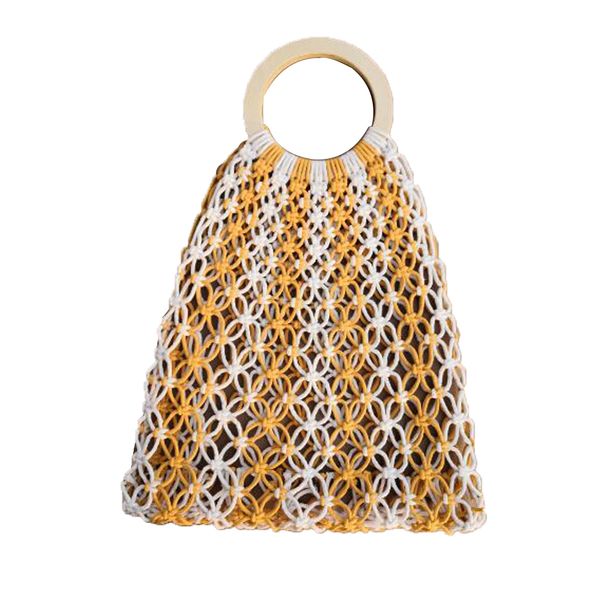 

fashion straw woven bags wooden handle handbag hollow beach bag for women mesh totes fashion storage tote shopping bag