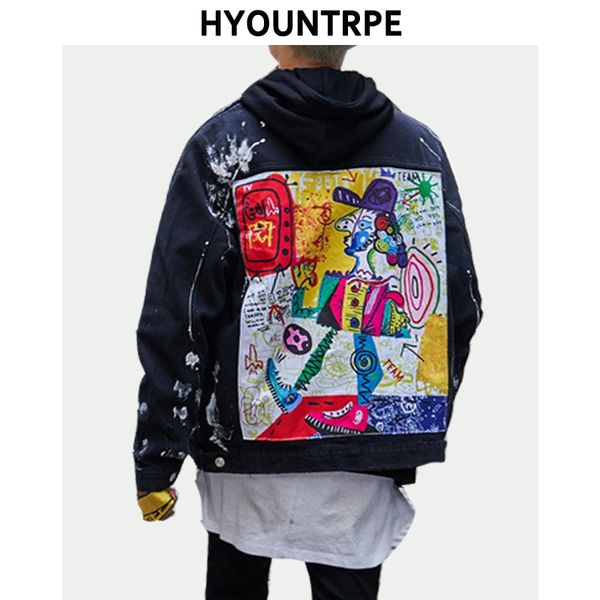 

irregular graffiti ripped denim jackets mens hip hop patchwork cartoon outerwear new fashion casual streetwear jeans jackets, Black;brown