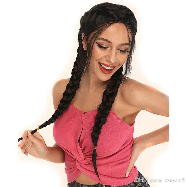 

передний парик 24inch черный boxer плетенки long natural straight двойной плетеный высокой температуры волокна синтетические кружева с волос, Black