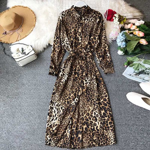 

2020 women leopard print long dress ankle length office lady bow tie sashes long sleeve turn-down collar ladies chic vestidos, Black;gray