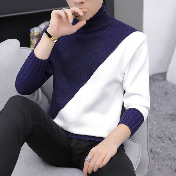 

new years casual warm half turtleneck sweater men knitted patchwork sweaters men korean fashion pullover, White;black