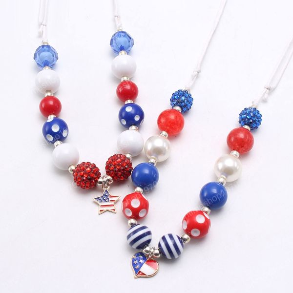 

4th july kids baby fashion usa flag style heart/star pendant necklace diy chunky bubblegum beads necklace adjust rope, Red;brown