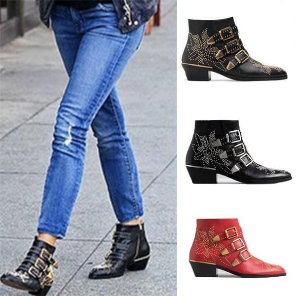 

2020 luxury susanna leather studded booties designer boots real nappa leahter women ankle boots rivets gold martin boots cowboy boot size 42, Black