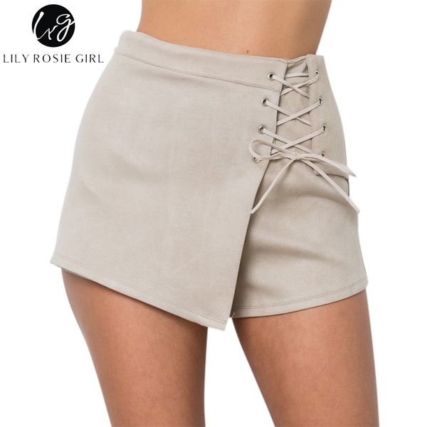 

lily rosie girl beige lace up suede leather casual shorts women autumn winter black high waist shorts mujer ladies, White;black