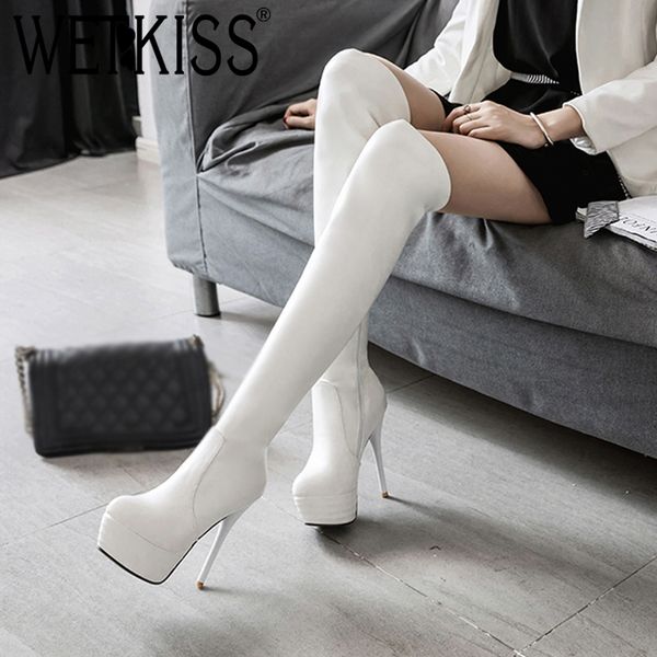 

wetkiss плюс размер 34-46 осень зима платформа обувь круглый носок 13 см тонкий высокий каблук над коленом сапоги бедро высокие сапоги женщи, Black