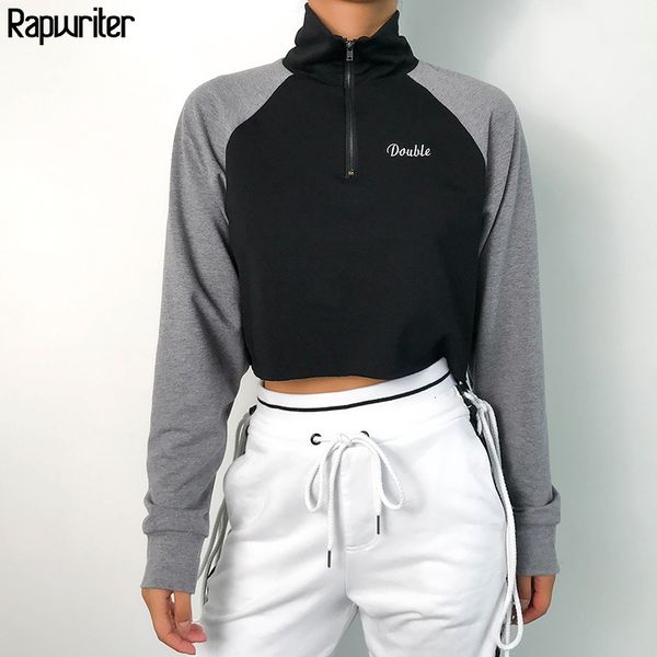 

rapwriter casual turtleneck letter embroidery minimalist zipper front cut long raglan sleeve sweatshirt women autumn pullovers, Black