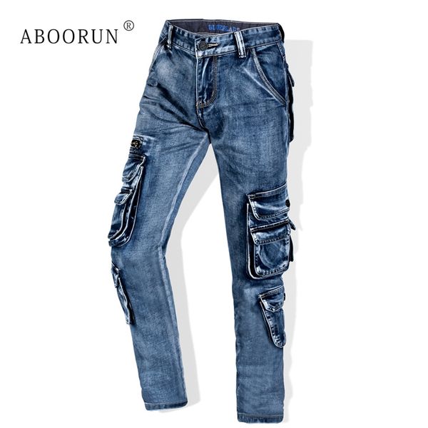 

aboorun men's retro cargo jeans multi pockets washed straight fit denim pants men's brand overalls jeans x1650, Blue