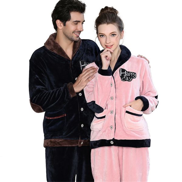 

women man coral velvet letter embroidery pajamas flannel pocket padded pajamas couple warm kleding nightgown set #v, Black;brown