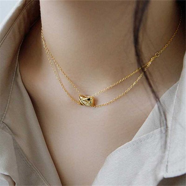 

huanzhi 2020 new geometric rhombus checked necklace double layer clavicle short chain necklace for women party jewelry gift, Silver