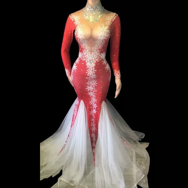 

sparkly rhinestones red snowflake voile tail dress women birthday celebrity party dresses rave outfit singer dance costume, Black;red